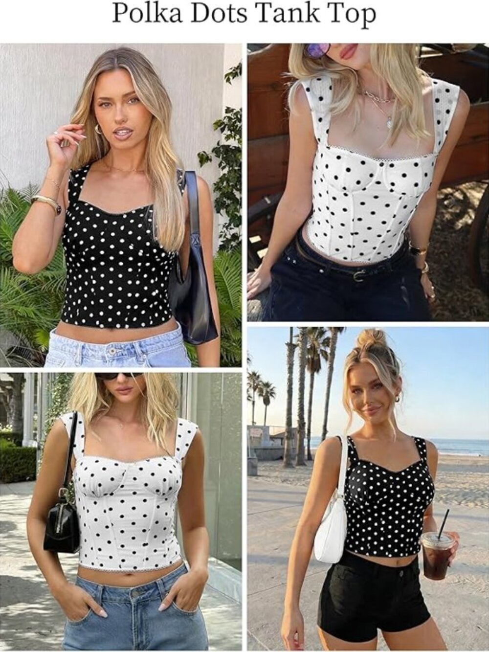 Women's Black Polka Dot Crop Top Sleeveless Going Out Tank Backless Trendy - Picture 2 of 7